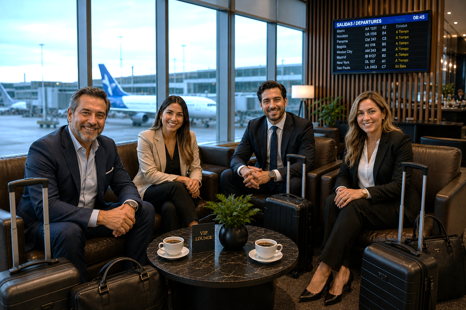 Ejecutivos latinos viajando por una terminal de aeropuerto internacional